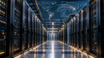 Corredor de data center com servidores de alta capacidade e representação de conectividade global, simbolizando o avanço da infraestrutura digital, da inteligência artificial e das conexões internacionais.