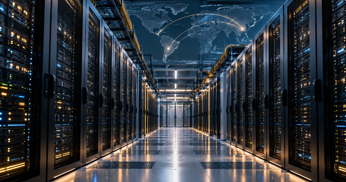 Corredor de data center com servidores de alta capacidade e representação de conectividade global, simbolizando o avanço da infraestrutura digital, da inteligência artificial e das conexões internacionais.